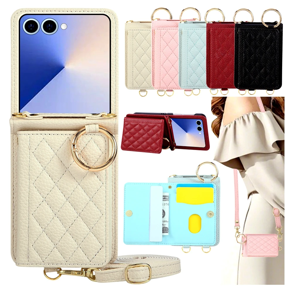 Galaxy Z Flip5: Gittermuster Crossbody-Hülle 7 Fe 6 5 4 3 Flip7 Flip6 Flip5 Flip4 Lederhülle mit Trageriemen Handyhülle