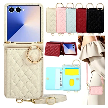 Galaxy Z Flip5: Gittermuster Crossbody-Hülle Flip7 Flip6 Flip5 Flip4 Lederhülle mit Trageriemen Handyhülle