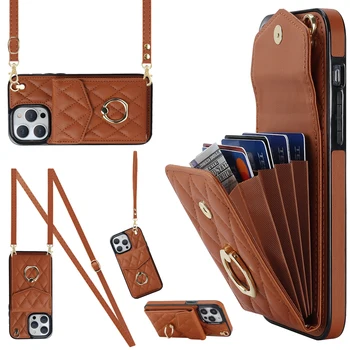 iPhone 16e: Crossbody Lanyard Ringhalter Ledertasche Multi-Kartensteckplatz Wallet Cover