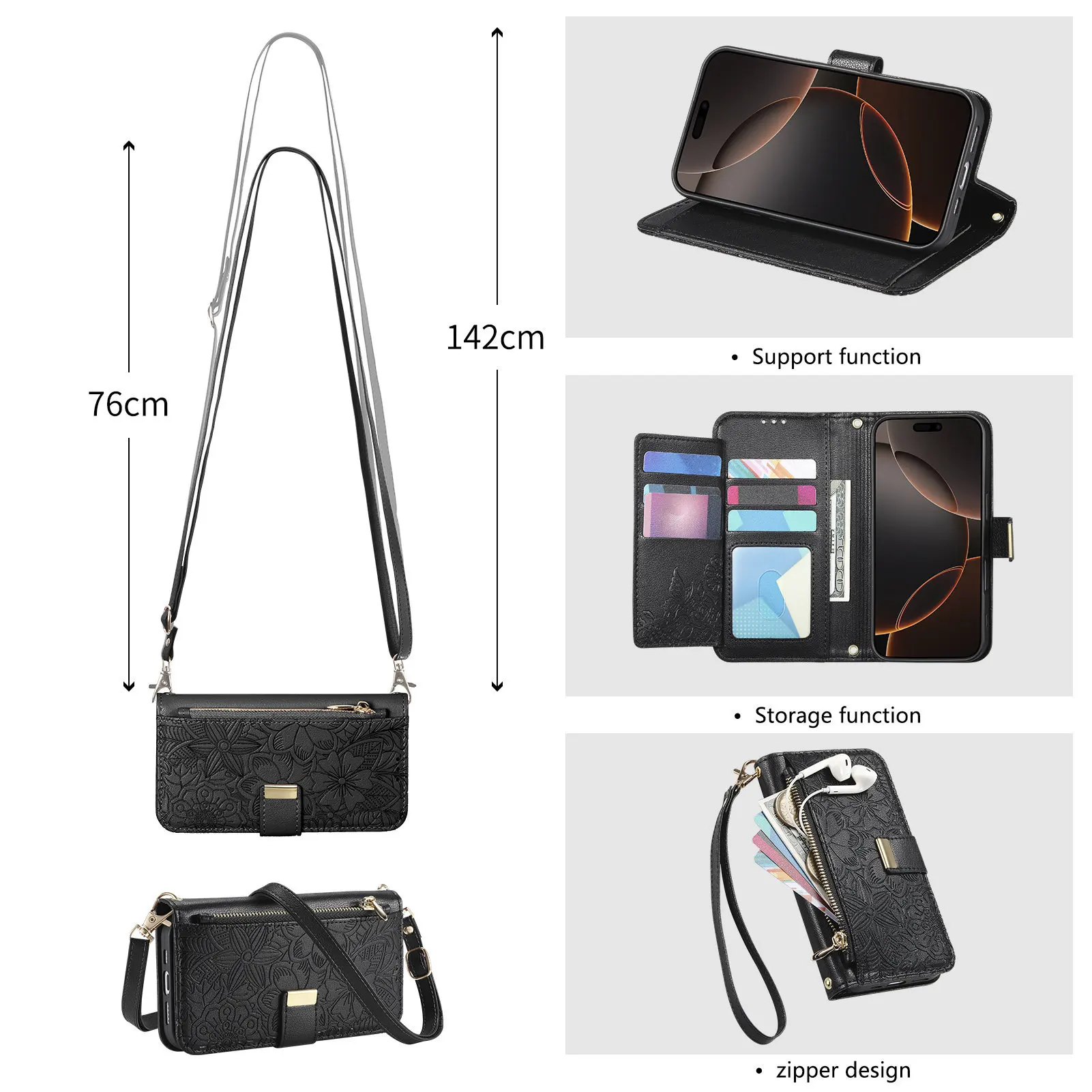 Leder Reißverschluss Crossbody Flip Wallet Kartensteckplatz Handyhülle Handgelenkschlaufe Funda Cover – Bild 2