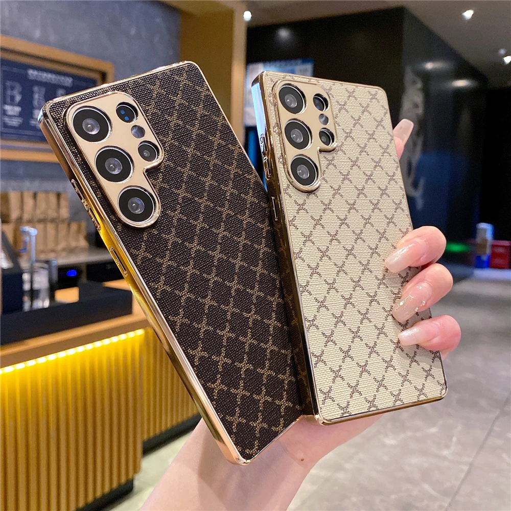 Galaxy S24: Luxuriöse vergoldete Glitzer-Abdeckung, Retro-Gittermuster, Leder-Handyhülle