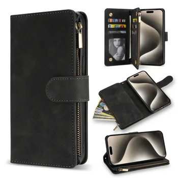 iPhone 15 Plus: Brieftasche Multi-karte Zipper Ständer Magnetische Flip Leder Fall