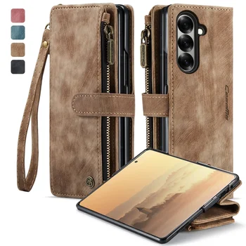 Reißverschluss-Leder-Brieftaschen-Handyhülle Fold8 Fold7 Fold6 mit Handschlaufe und Kartenfächern
