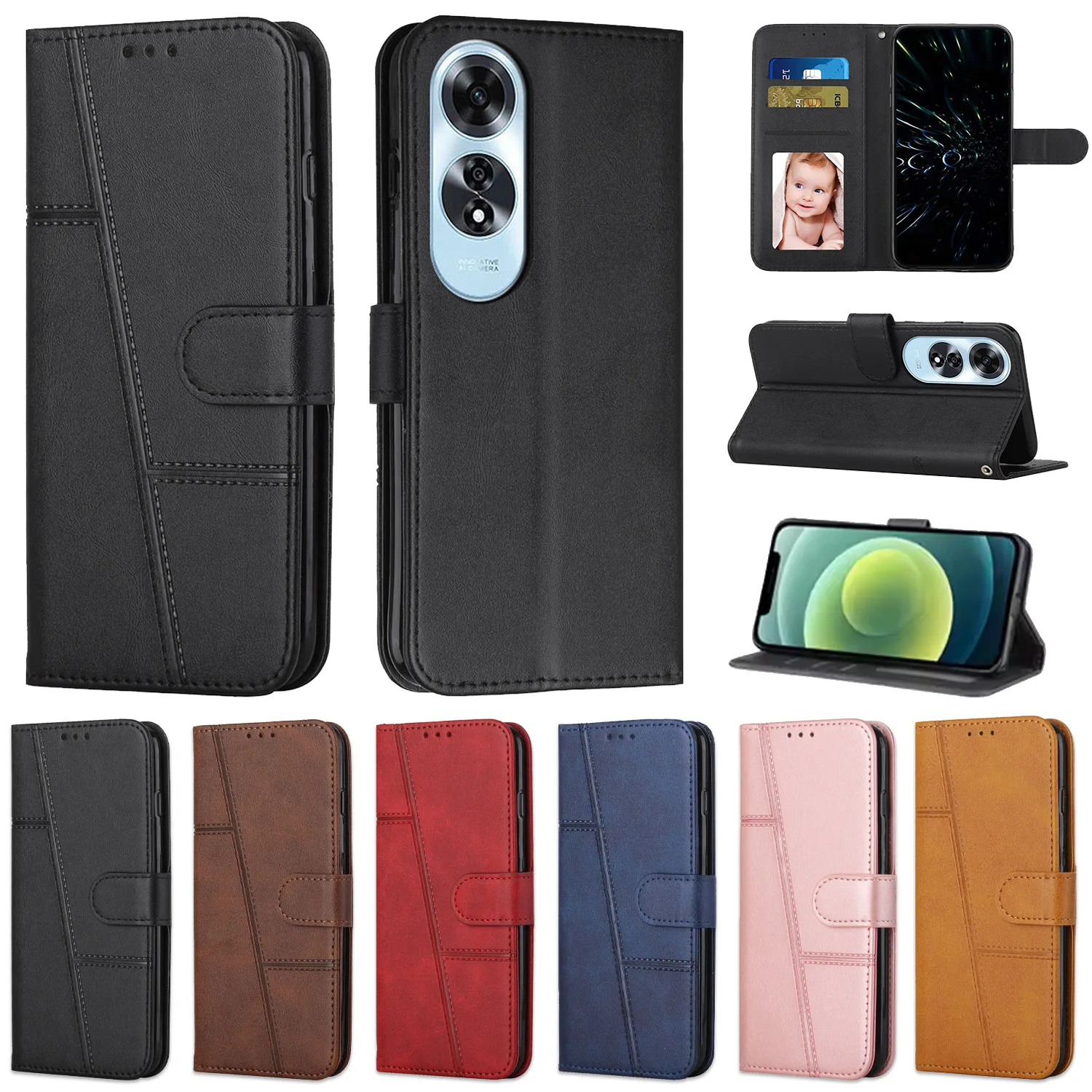 Oppo Reno 13: Strap Leder Telefon Fall Brieftasche Buch 13F 12F 11F A5 A3 Pro A5x A60 A79 A98 Karte Flip-Cover