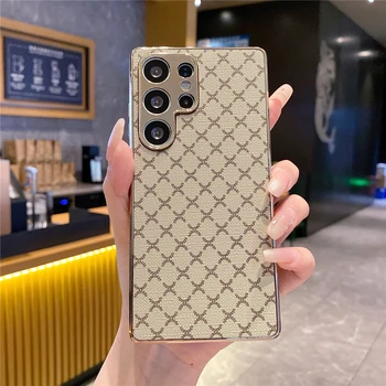 Galaxy S25+: Luxuriöse vergoldete Glitzer-Abdeckung, Retro-Gittermuster, Leder-Handyhülle