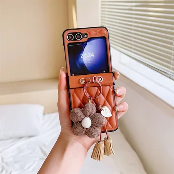 Galaxy Z Flip6: Leder-Blumen-Ring-Handyhülle Flip7 Flip6 Flip5 Flip4 Flip3 5G Stoßfeste Schutzhülle