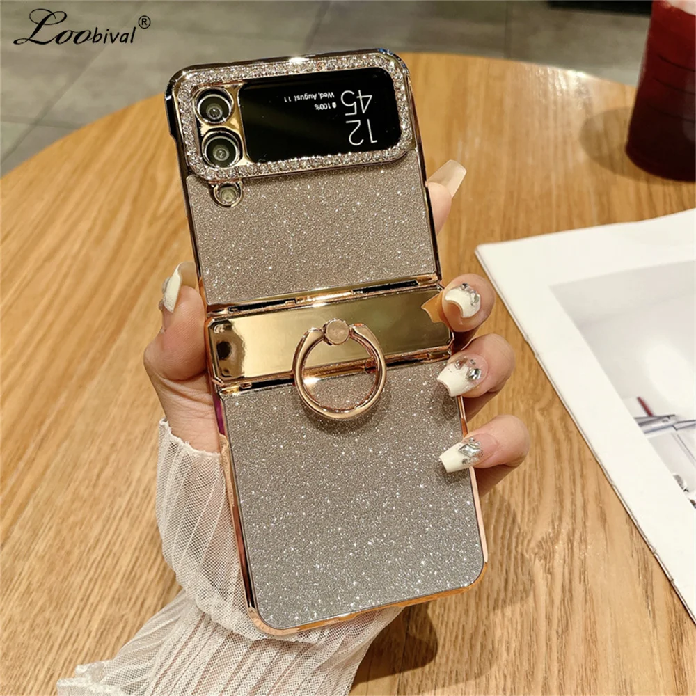 Galaxy Z Flip4: Glitzer-Ringhalter-Ständer-Hülle 4 3 6 7 8 Flip5 Halterung Bling Diamant Farbverlauf Beschichtung Cover