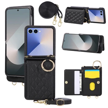 Galaxy Z Flip4: Gittermuster Crossbody-Hülle 7 Fe 6 5 4 3 Flip7 Flip6 Flip5 Flip4 Lederhülle mit Trageriemen Handyhülle