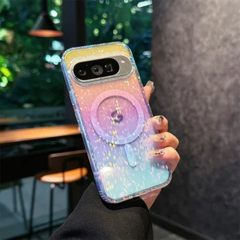 Pixel 9 Pro XL: Farbverlauf Bling Glitter magnetische kabellose Ladung für Magsafe Hülle bunte klare Abdeckung