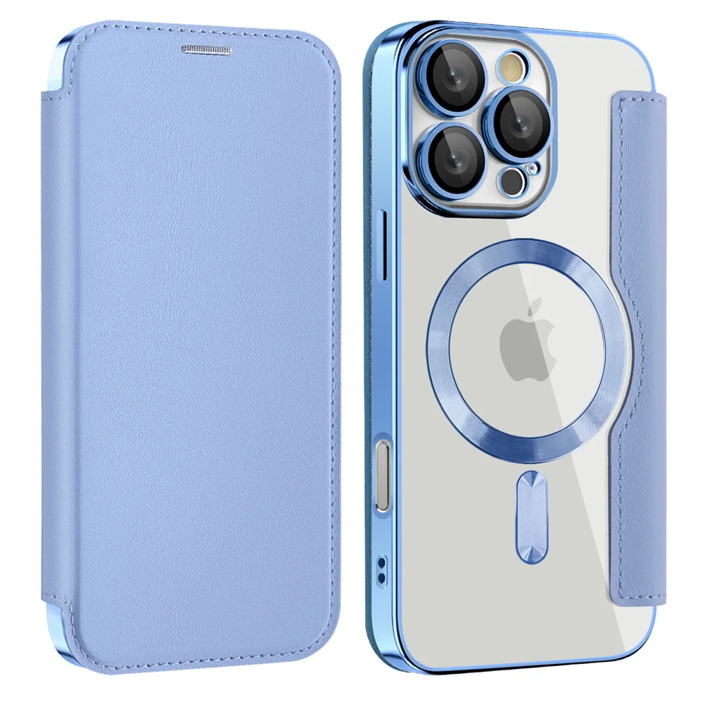 iPhone 16 Pro: Luxuriöse Transparente Flip-Leder-Brieftasche mit Magnetverschluss Kartenfach für MagSafe Hülle