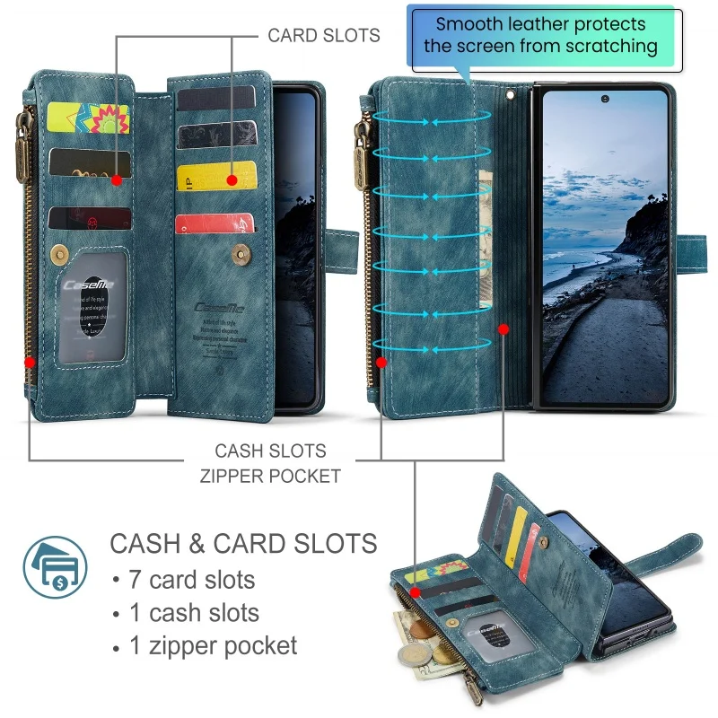Reißverschluss-Leder-Brieftaschen-Handyhülle Fold8 Fold7 Fold6 mit Handschlaufe und Kartenfächern – Bild 3