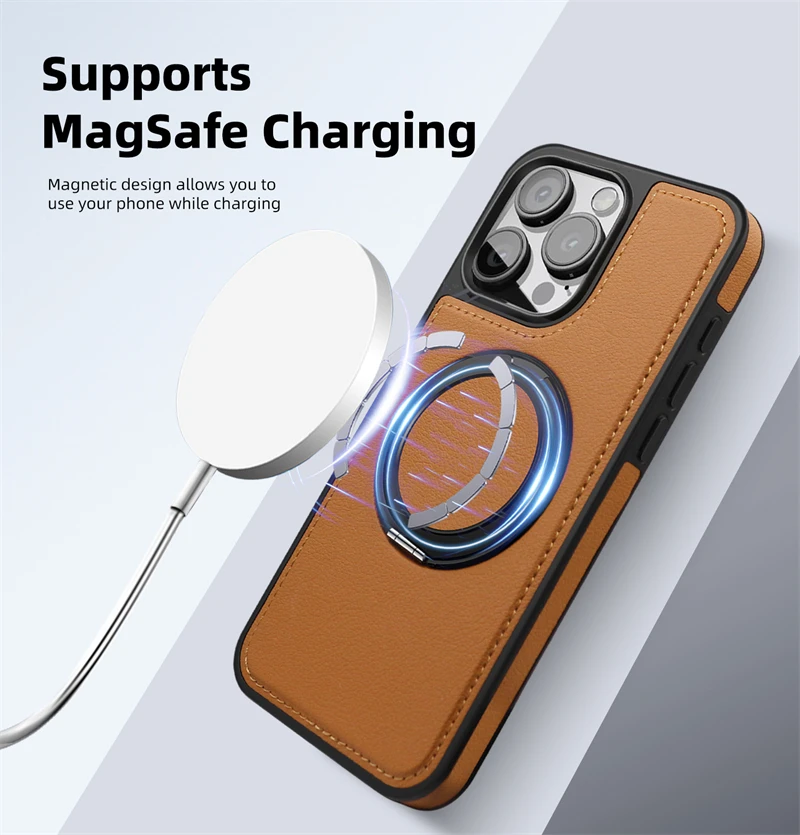 360° drehbarer Metallringständer, magnetische Lederhülle für Magsafe Halterung – Bild 5