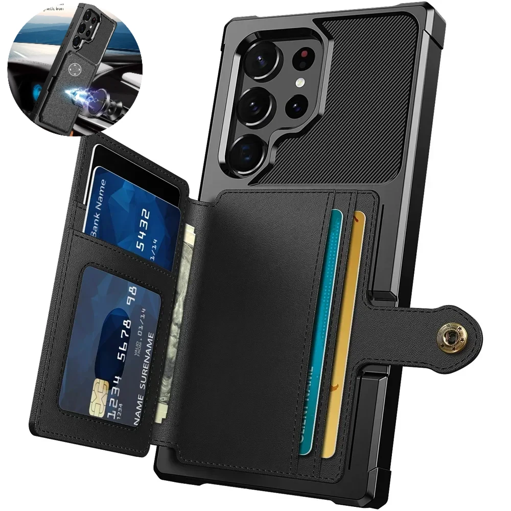 Galaxy S25 Ultra: Flip Wallet Case Funda Leder Kreditkarte Harte Rückseite stoßfeste Abdeckung