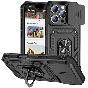 IPhone 14 Pro: Ringständer mit drehbarer Kameraschutzabdeckung und militärischer Panzerung Hülle