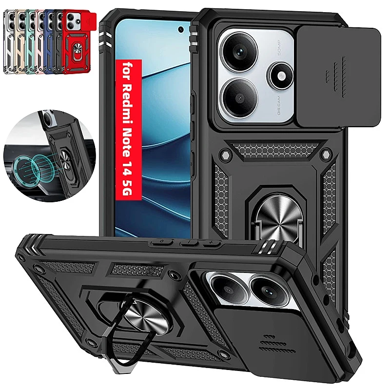 Redmi Note 14 5G: Funda Hinweis 14 5G Fall Rutsche Kamera Schützen Rüstung Telefon Fall auto Halter Magnetische Ring Abdeckung