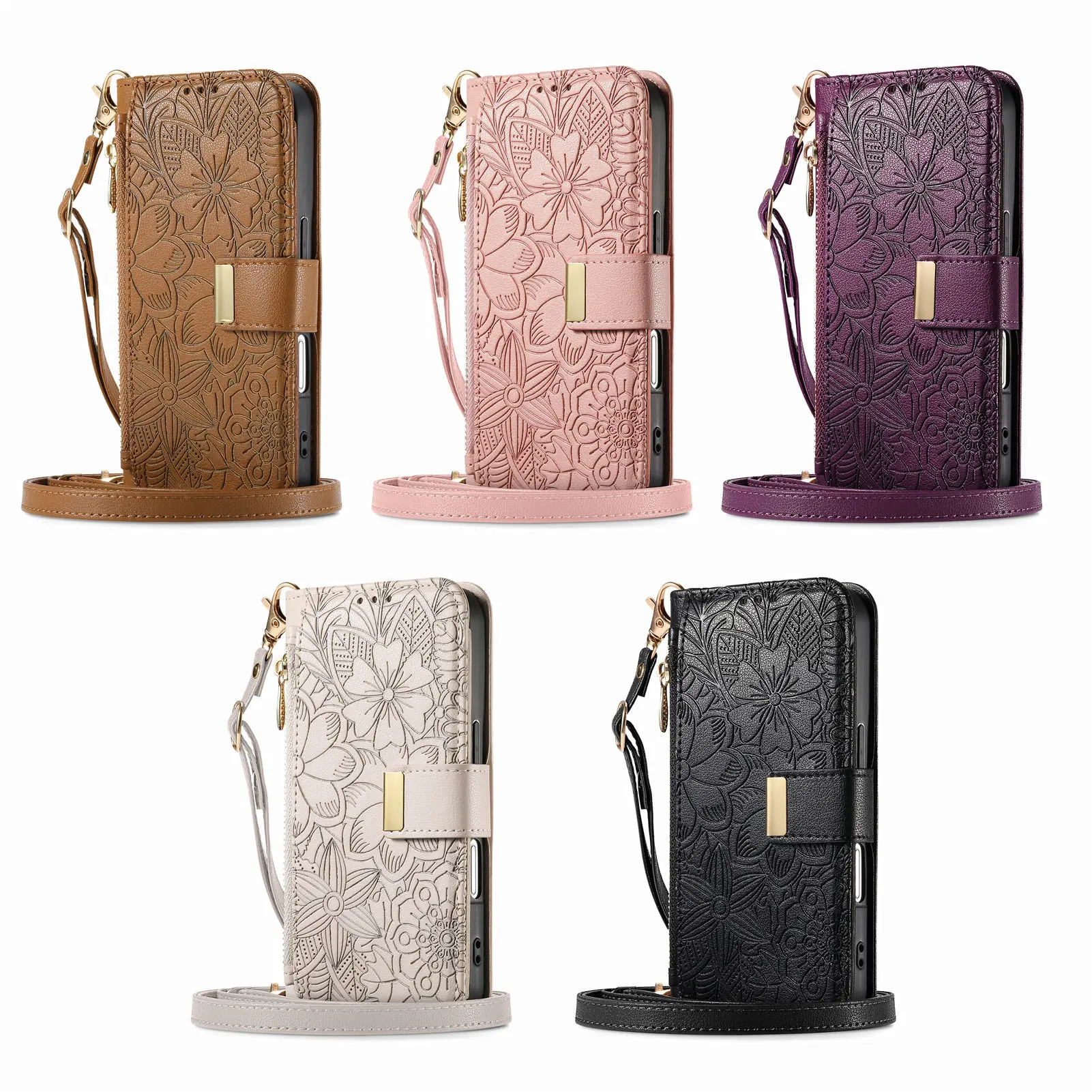 Leder Reißverschluss Crossbody Flip Wallet Kartensteckplatz Handyhülle Handgelenkschlaufe Funda Cover – Bild 6