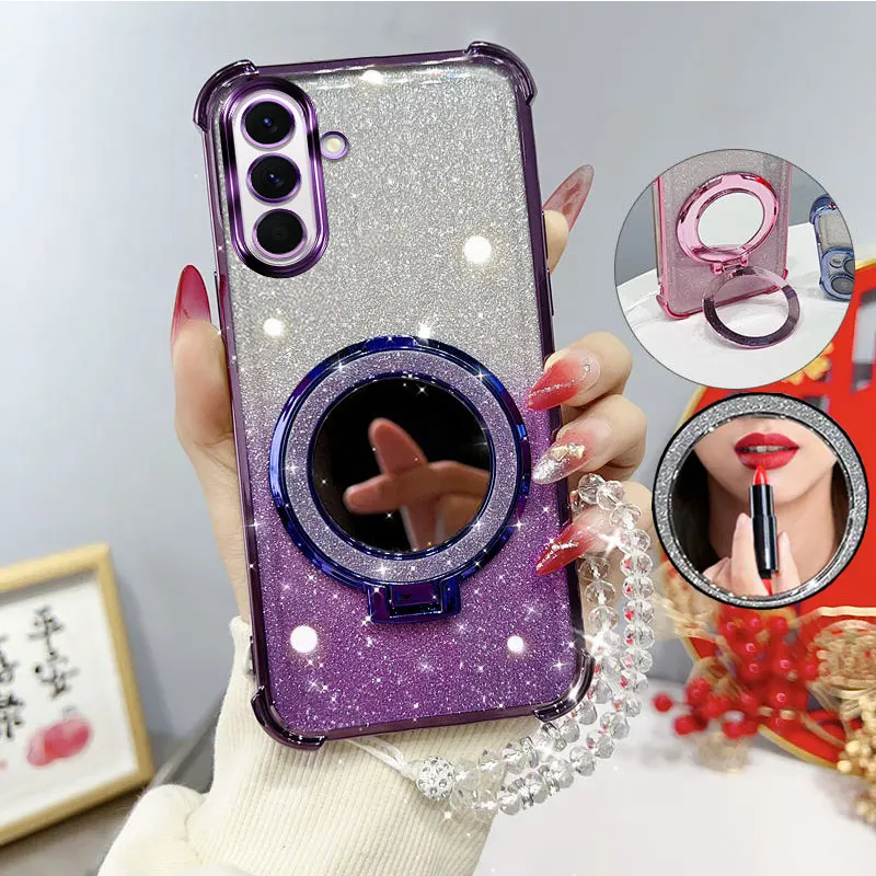 Glitzernde, viereckige, stoßfeste Handyhülle mit Spiegelständer, Perlenarmband F17 M17 5G – Bild 2