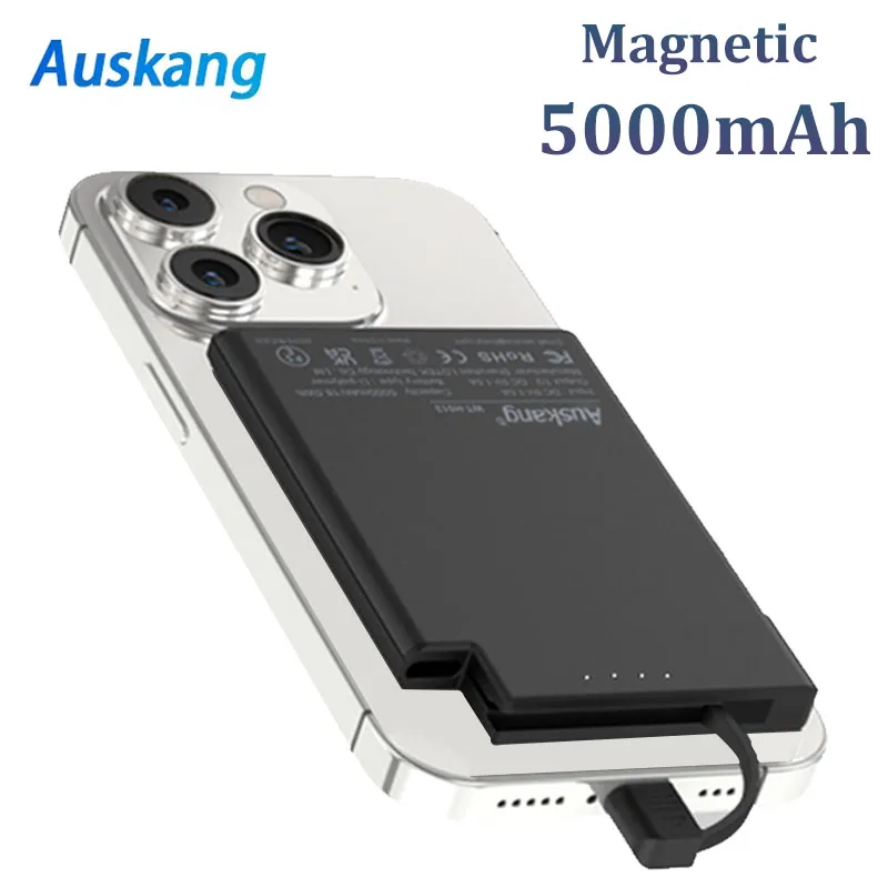 Ultradünnes magnetisches tragbares Ladegerät mit integriertem USB-C-Kabel, 5000 mAh Powerbank für Magsafe iPhone