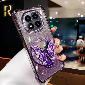 Redmi Note 14 5G: Glitzernde Schmetterlings-Spiegelhalterungshülle 14S 4G 5G, stoßfeste weiche Silikonhülle