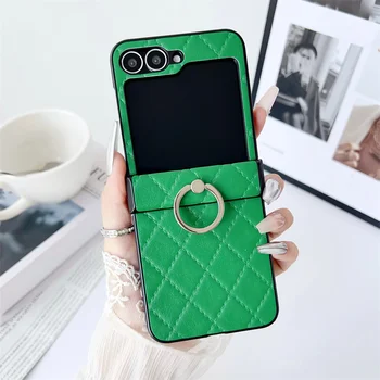 Galaxy Z Flip7: Leder-Fingerring-Schutzhülle mit Gittermuster und Standfunktion, stoßfest