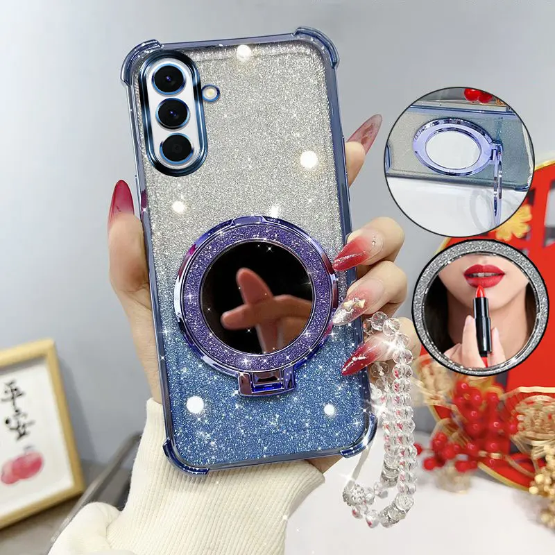 Glitzernde, viereckige, stoßfeste Handyhülle mit Spiegelständer, Perlenarmband F17 M17 5G – Bild 3