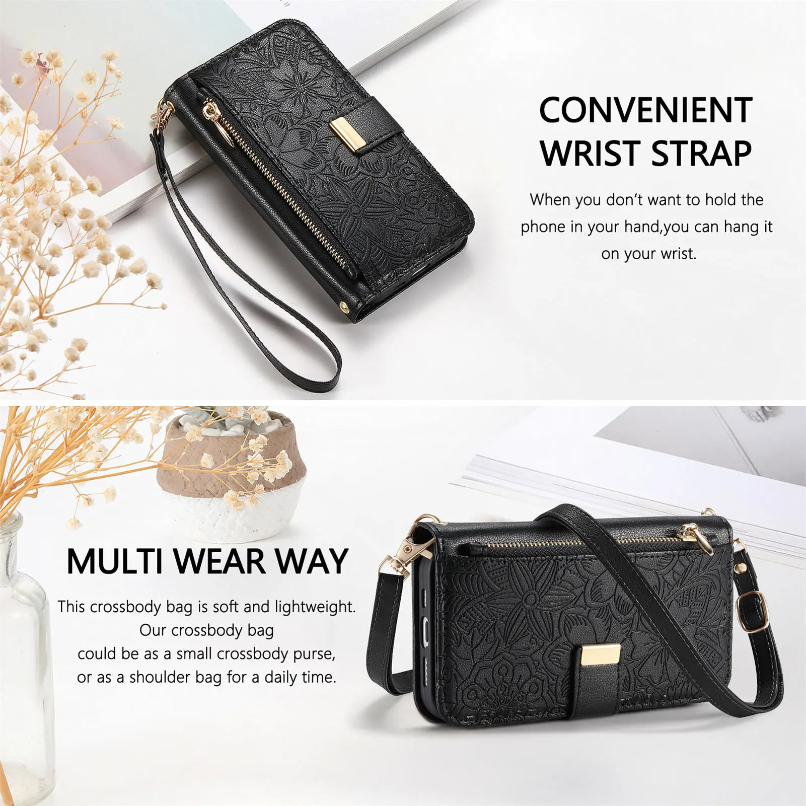 Leder Reißverschluss Crossbody Flip Wallet Kartensteckplatz Handyhülle Handgelenkschlaufe Funda Cover – Bild 4