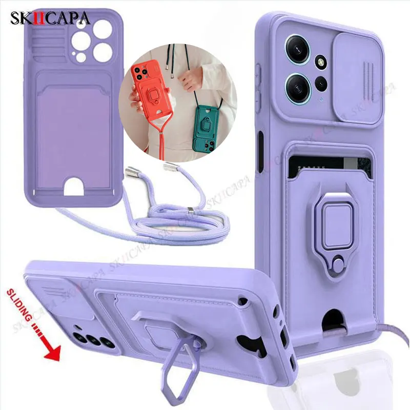 Redmi Note 13 Pro+ 5G: Slide Lens Card Slot Hülle 10Pro Max 10s Crossbody Lanyard Strap Silikonhülle