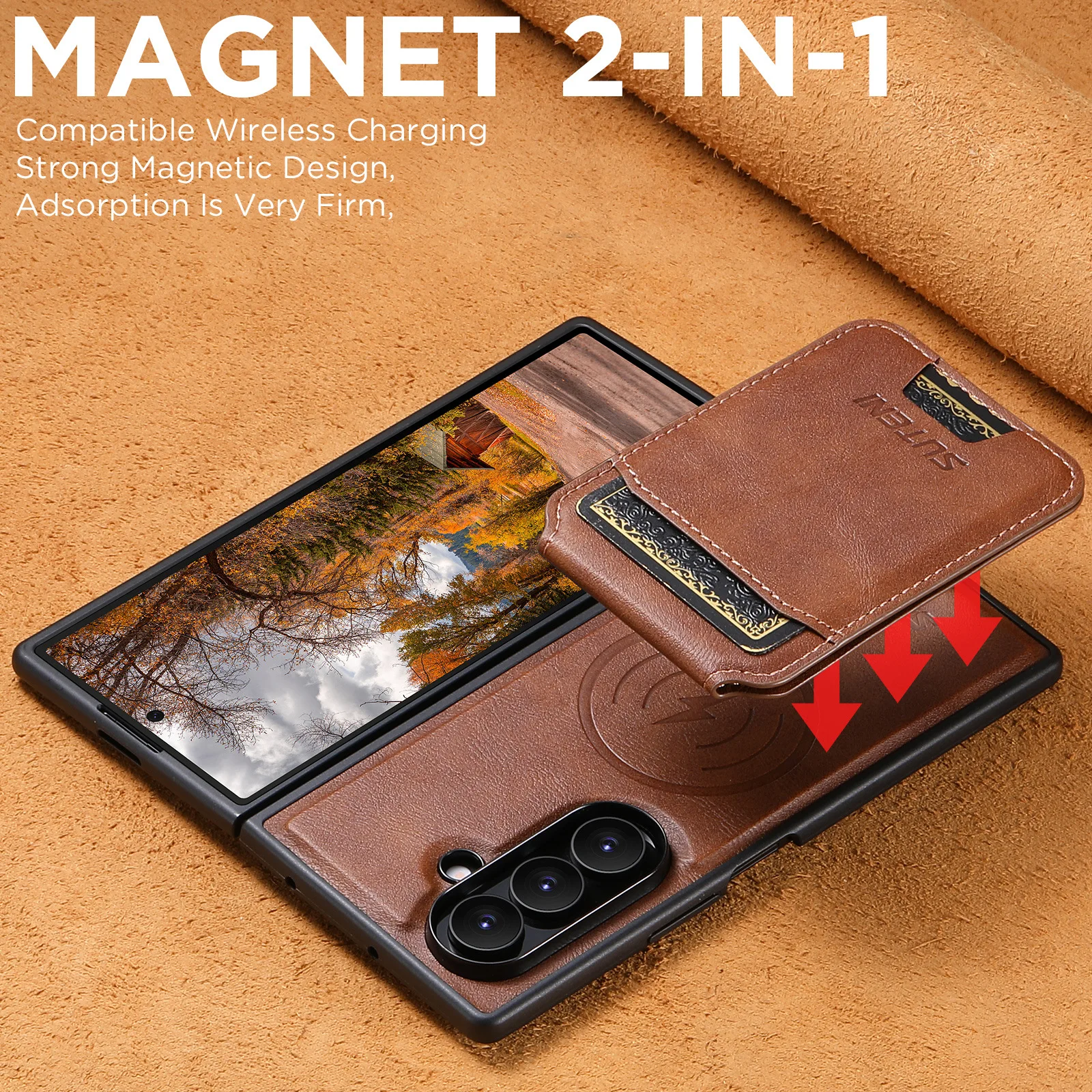 Galaxy Z Fold7: Vintage Lederhülle mit magnetischer Ladefunktion, abnehmbarer Kartenhalter und Standfunktion
