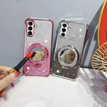 Galaxy A17: Glitzernde, viereckige, stoßfeste Handyhülle mit Spiegelständer, Perlenarmband F17 M17 5G