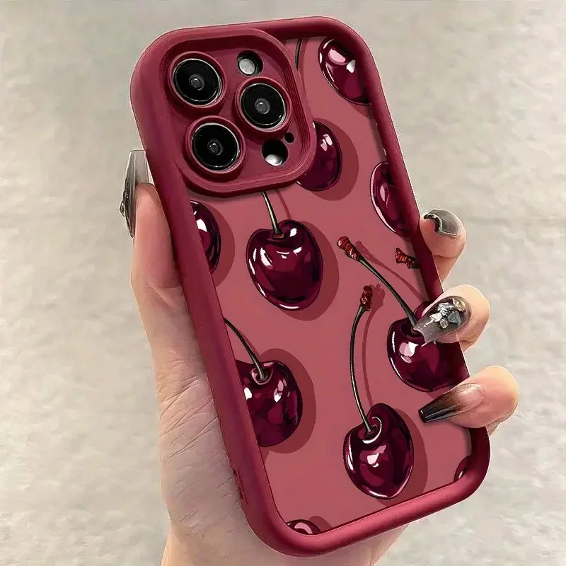 Luxuriöse weinrote Kirsch-Druckhülle stoßfeste Silikon-Telefonabdeckung – Bild 4