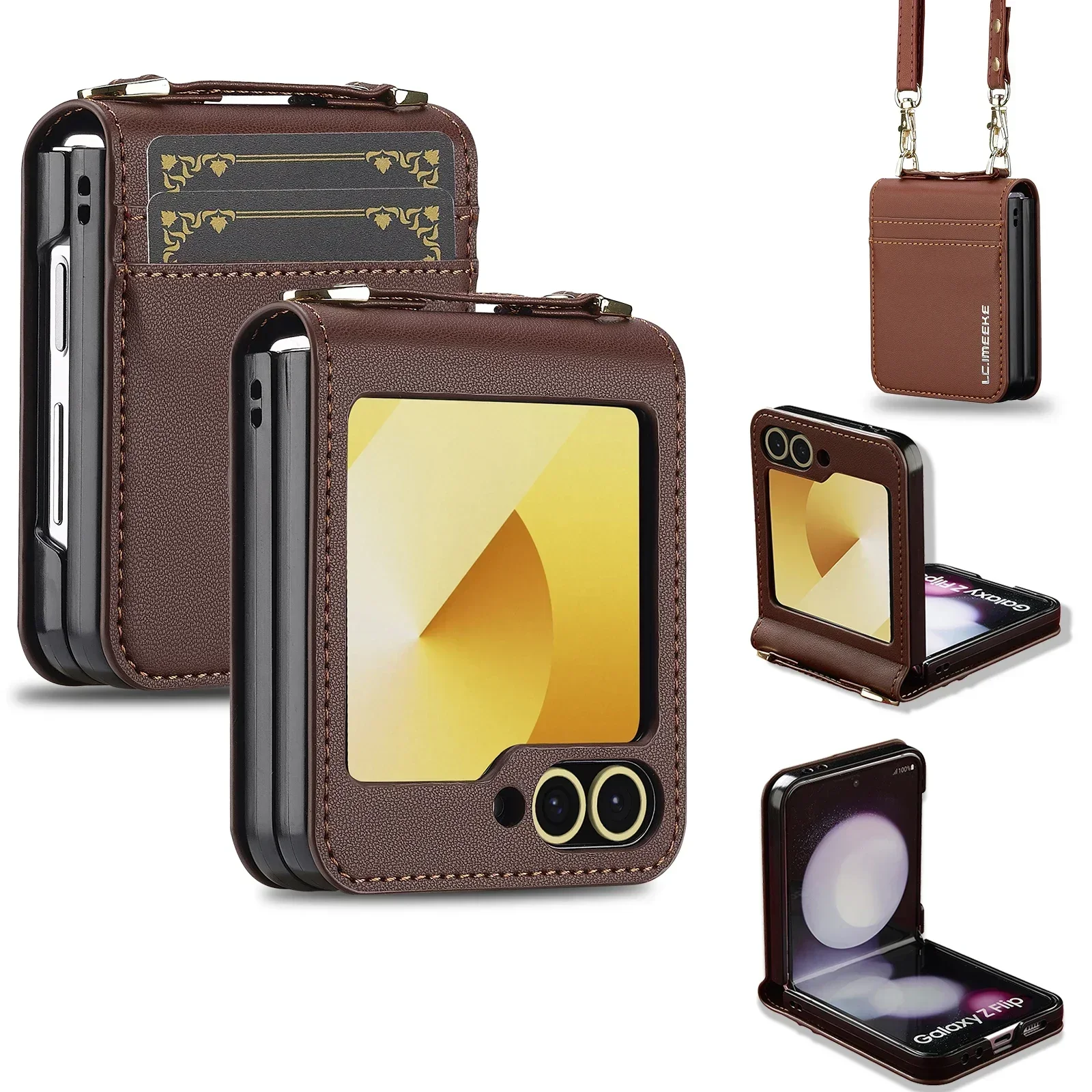 Galaxy Z Flip7: Brieftasche Umhängetasche Handyhülle 6 5 4 3 Flip6 Flip7 5G mit Kartenhalter Handschlaufe Lanyard Leder