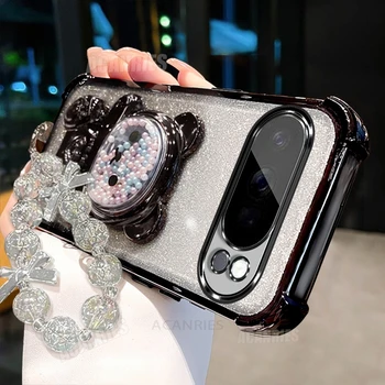 Pixel 7: Stoßfeste Silikonhülle mit Sternperlen-Lanyard und Bärenhalterung im Farbverlauf mit Standfunktion