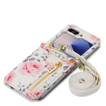 Galaxy Z Flip4: Reißverschluss Umhängetasche Karten Slot Blumenhülle 6 Flip Leder Lange Lanyard Strap Cover