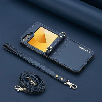 Galaxy Z Flip5: Brieftasche Umhängetasche Handyhülle 6 5 4 3 Flip6 Flip7 5G mit Kartenhalter Handschlaufe Lanyard Leder