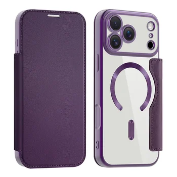 iPhone 15: Luxuriöse Transparente Flip-Leder-Brieftasche mit Magnetverschluss Kartenfach für MagSafe Hülle