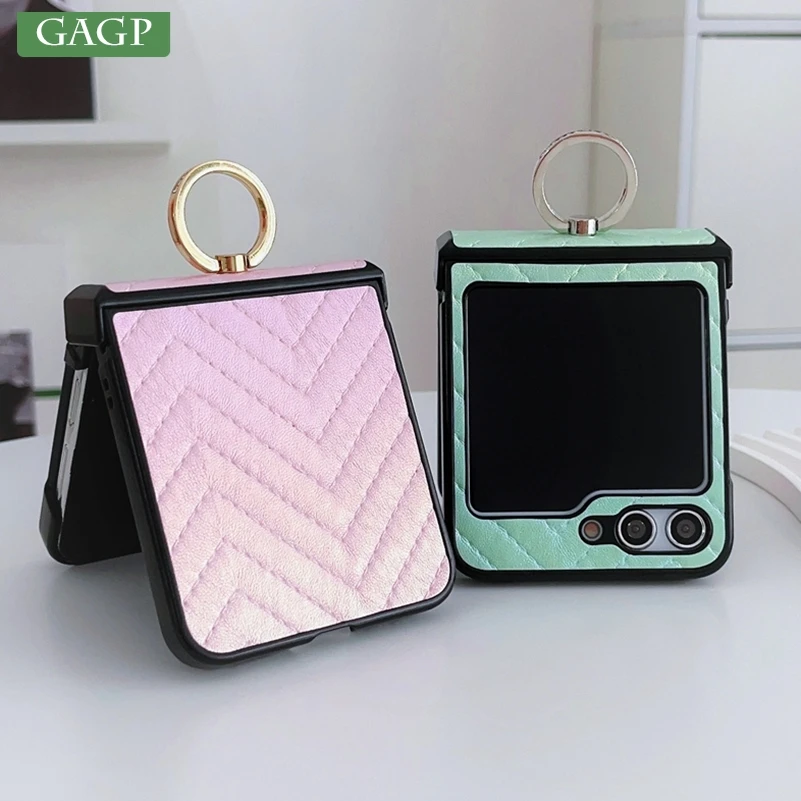Galaxy Z Flip7: Ring Halter Fall Luxus Gradienten PU Leder Telefon Abdeckung Flip5