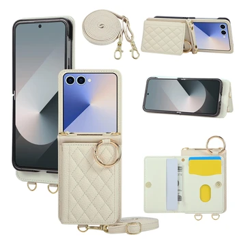 Galaxy Z Flip7: Gittermuster Crossbody-Hülle 7 Fe 6 5 4 3 Flip7 Flip6 Flip5 Flip4 Lederhülle mit Trageriemen Handyhülle