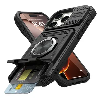 IPhone 16 Pro Max: Hülle mit magnetischem Drehring-Ständer, robustem Fallschutz und Brieftaschenfunktion