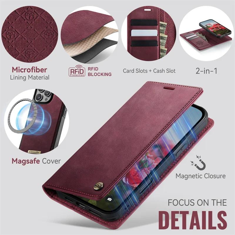 Magnetische Flip-Leder-Handyhülle mit Kabelloser Ladefunktion, Brieftaschen- und Kartenfach, Coque – Bild 5