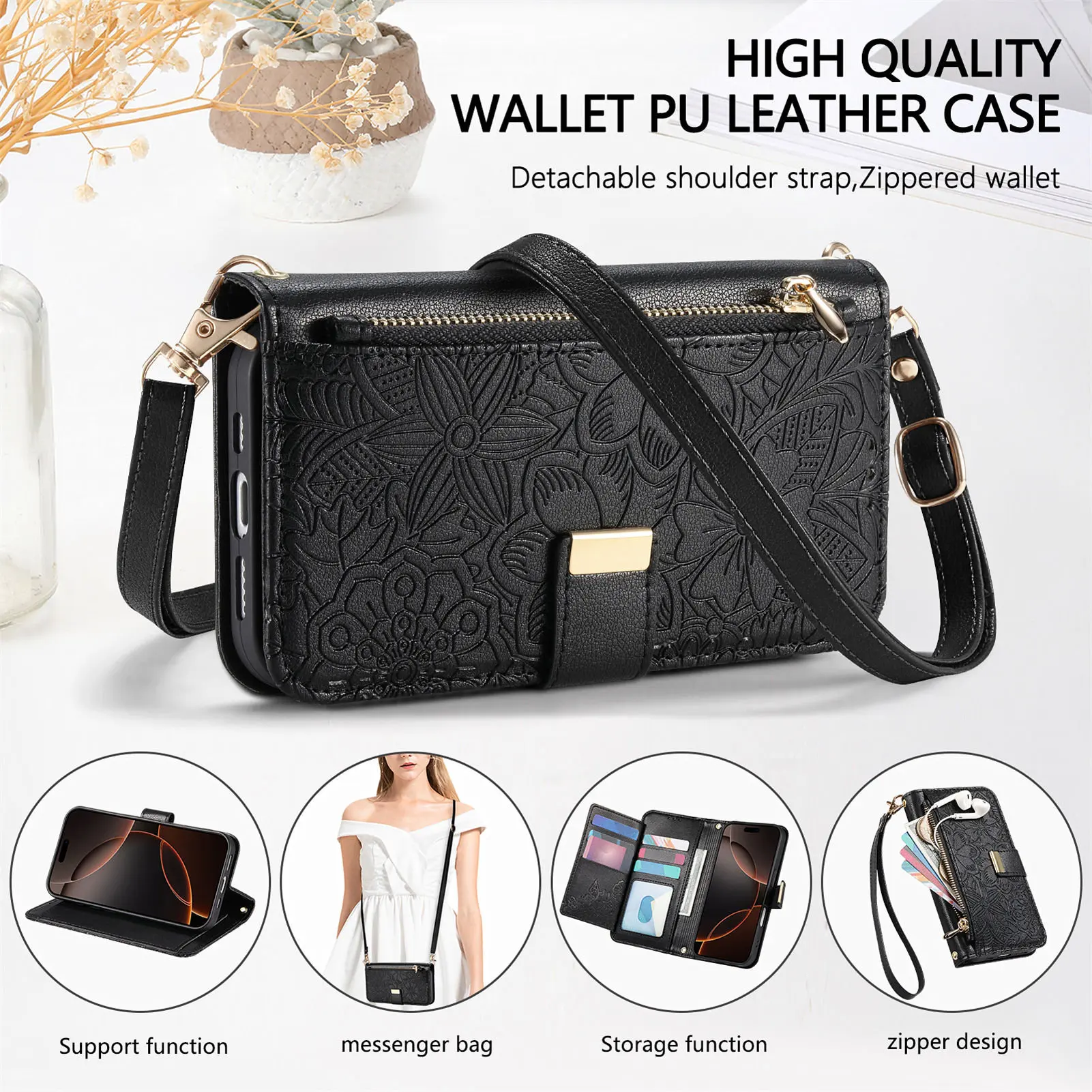 Leder Reißverschluss Crossbody Flip Wallet Kartensteckplatz Handyhülle Handgelenkschlaufe Funda Cover – Bild 3
