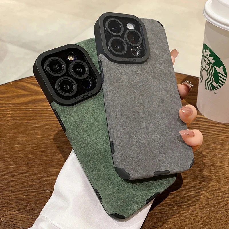 iPhone 14 Plus: Modische matte Leder-Silikonhülle Objektivschutz stoßfeste Abdeckung