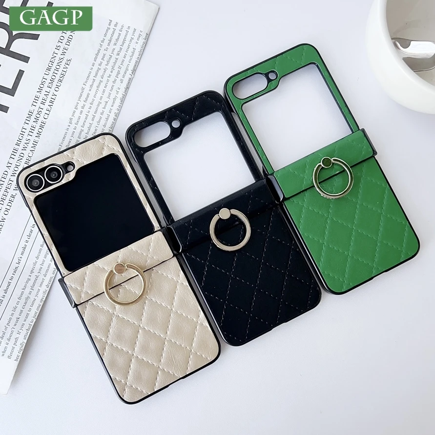 Galaxy Z Flip7: Leder-Fingerring-Schutzhülle mit Gittermuster und Standfunktion, stoßfest