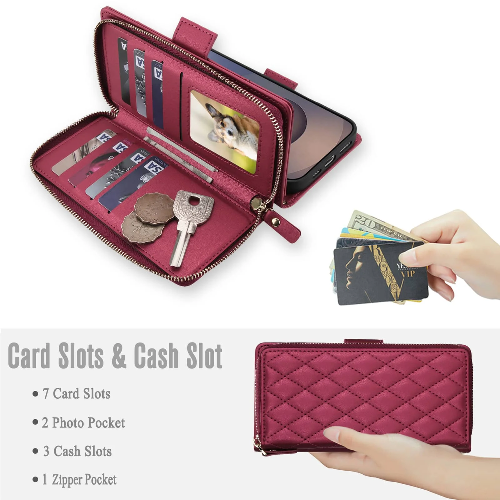 Crossbody Brieftaschen-Hülle, RFID-blockierende Reißverschluss-Geldbörse Flip-Cover mit Kartenhalter – Bild 3