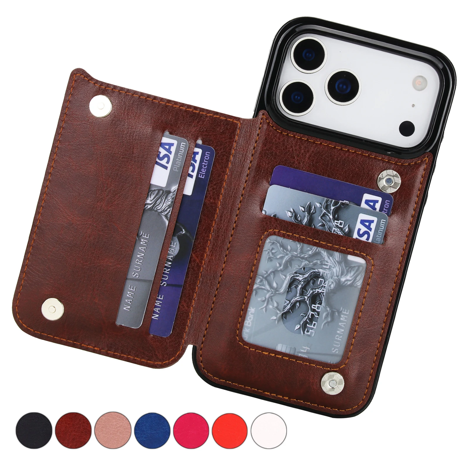 iPhone 17: Brieftasche, einfarbig, doppelte Schnalle mit Kartensteckplatz, magnetische Flip-Ledertasche, stoßfeste