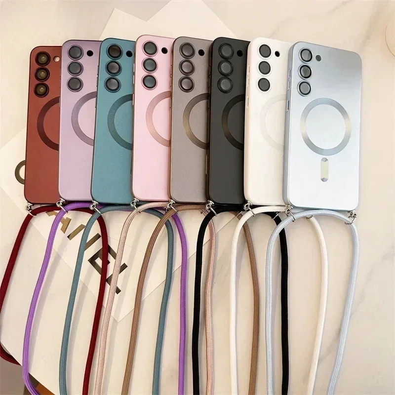 Galaxy S25 FE: Luxuriöse Crossbody-Hülle mit Magnetverschluss und Trageriemen, Magsafe-kompatibel, Weiche Silikonhülle
