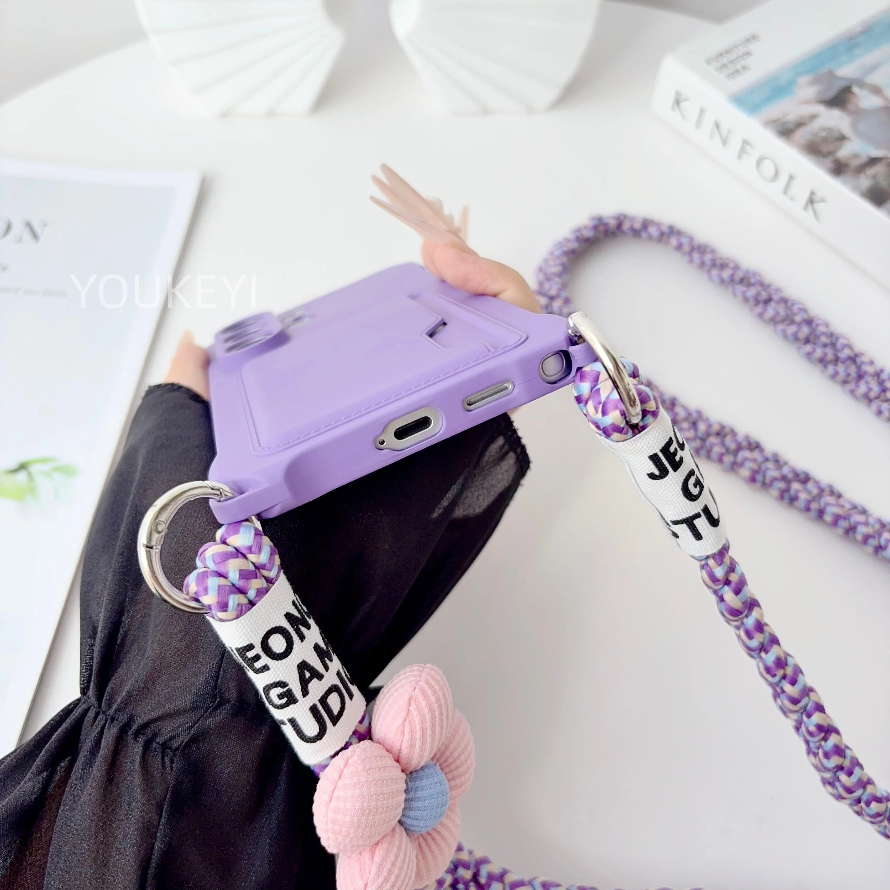 Blumen-Geflochtene Crossbody-Lanyard-Hülle Brieftaschen-Silikonhülle – Bild 6
