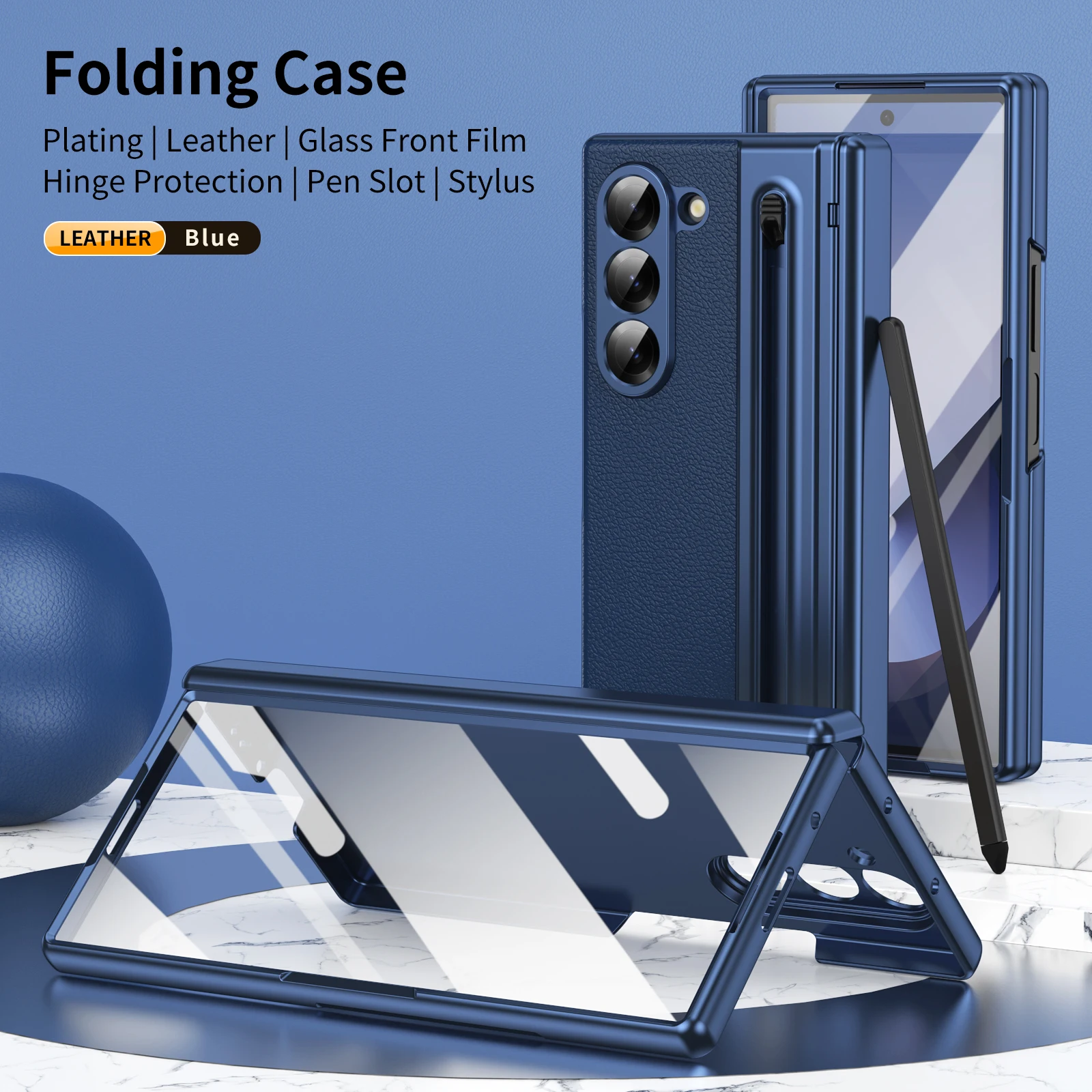 Galaxy Z Fold7: PU-Leder Handyhülle mit Scharnierschutz, Hülle mit Frontbildschirm-Schutzfolie+Stift