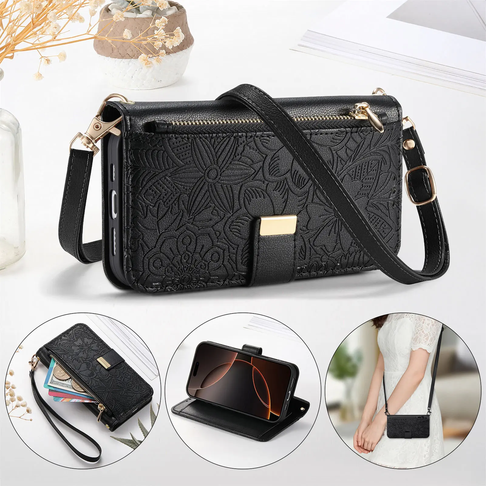 Leder Reißverschluss Crossbody Flip Wallet Kartensteckplatz Handyhülle Handgelenkschlaufe Funda Cover – Bild 5