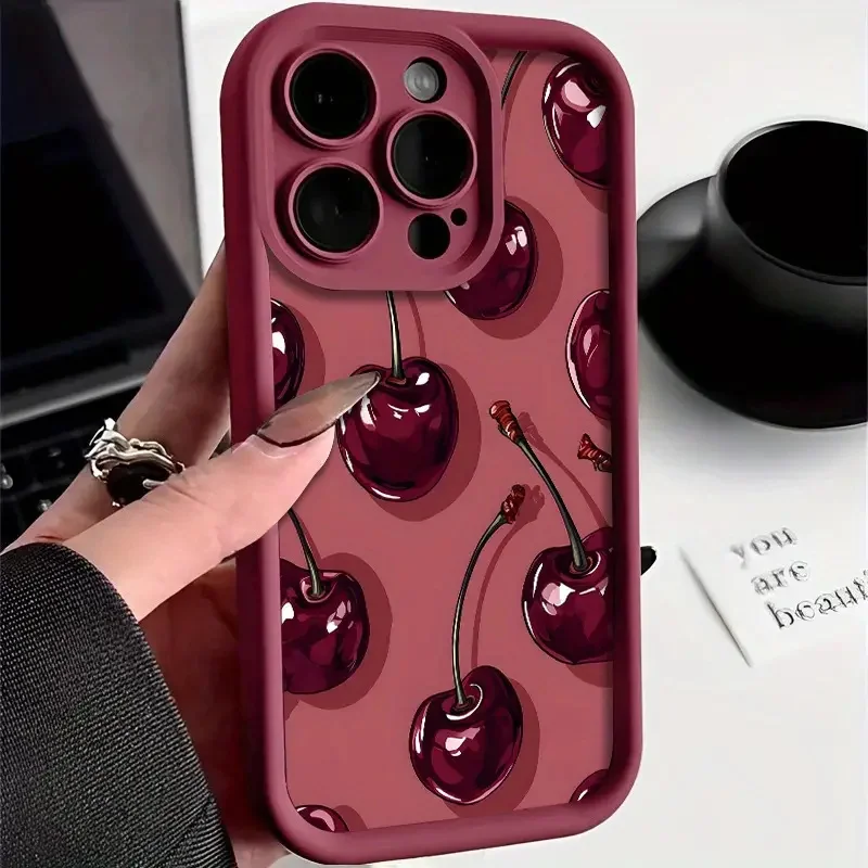 iPhone 16e: Luxuriöse weinrote Kirsch-Druckhülle stoßfeste Silikon-Telefonabdeckung