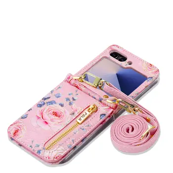 Galaxy Z Flip7: Reißverschluss Umhängetasche Karten Slot Blumenhülle 6 Flip Leder Lange Lanyard Strap Cover